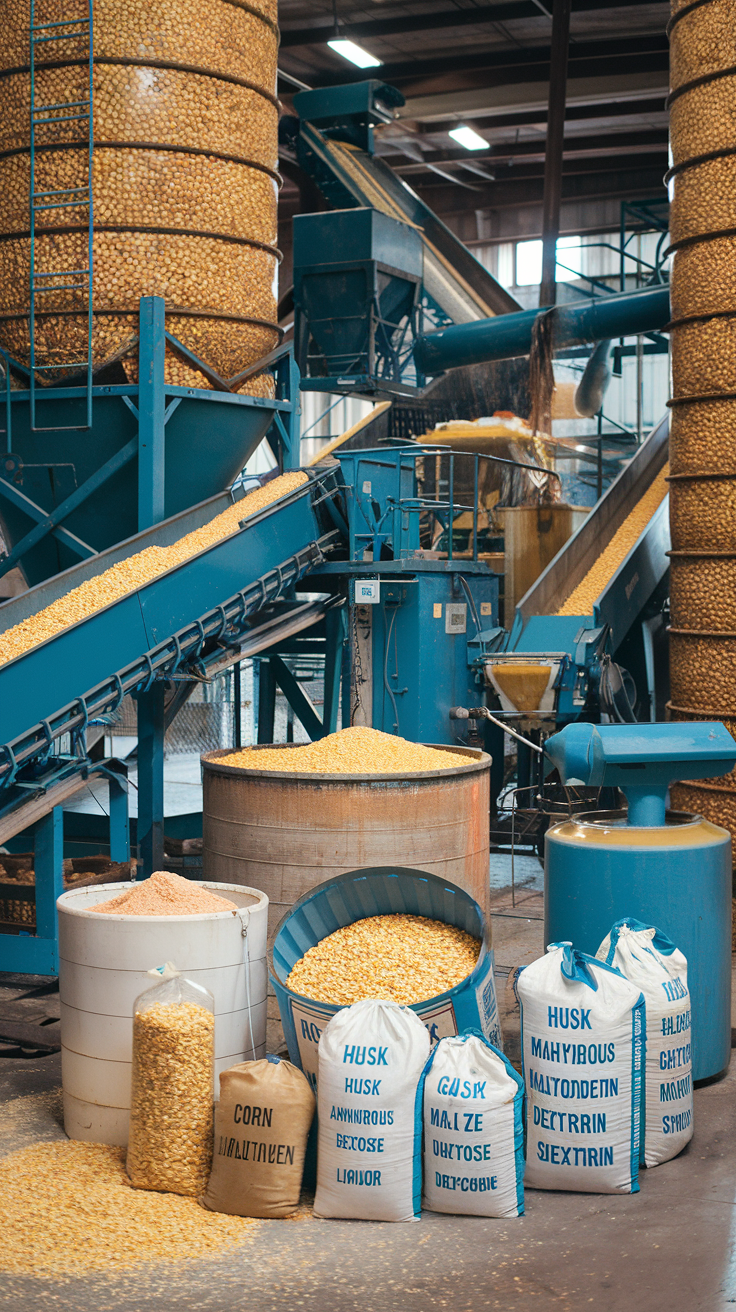 'Maize (Corn) Processing, Manufacture of Maize Products, Oil, Starch, Corn Steep Liquor, Syrup, Cornmeal, Popcorn, Flakes,  Gluten, Husk, Anhydrous Dextrose, High Maltose Syrup, Maltodextrin Powder, Monohydrate Dextrose, Sorbitol, Ethanol, Cattle Feed