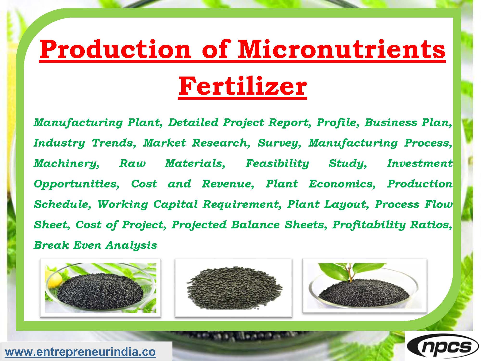 Production of Micronutrients Fertilizer Manufacturing Plant, Detailed Project Report, Profile, Business Plan, Industry Trends, Market Research, Survey, Manufacturing Process, Machinery, Raw Materials, Feasibility Study, Investment Opportunities, Cost and Revenue, Plant Economics, Production Schedule, Working Capital Requirement, Plant Layout, Process Flow Sheet, Cost of Project, Projected Balance Sheets, Profitability Ratios, Break Even Analysis