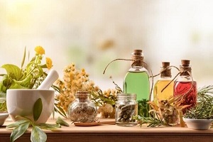 ayurvedic-medicine-herbs-and-bottles-on-table