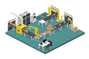 Conveyor Line Factory Interior with Isometric View. Vector