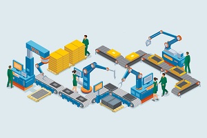 Isometric industrial factory template with assembly line automated robotic arms and workers monitoring conveyor belt isolated vector illustration