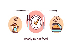 Ready to eat food concept icon. Fast food burger, sandwich, chicken. Meals delivery idea thin line illustration. Vector isolated outline RGB color drawing. Editable stroke
